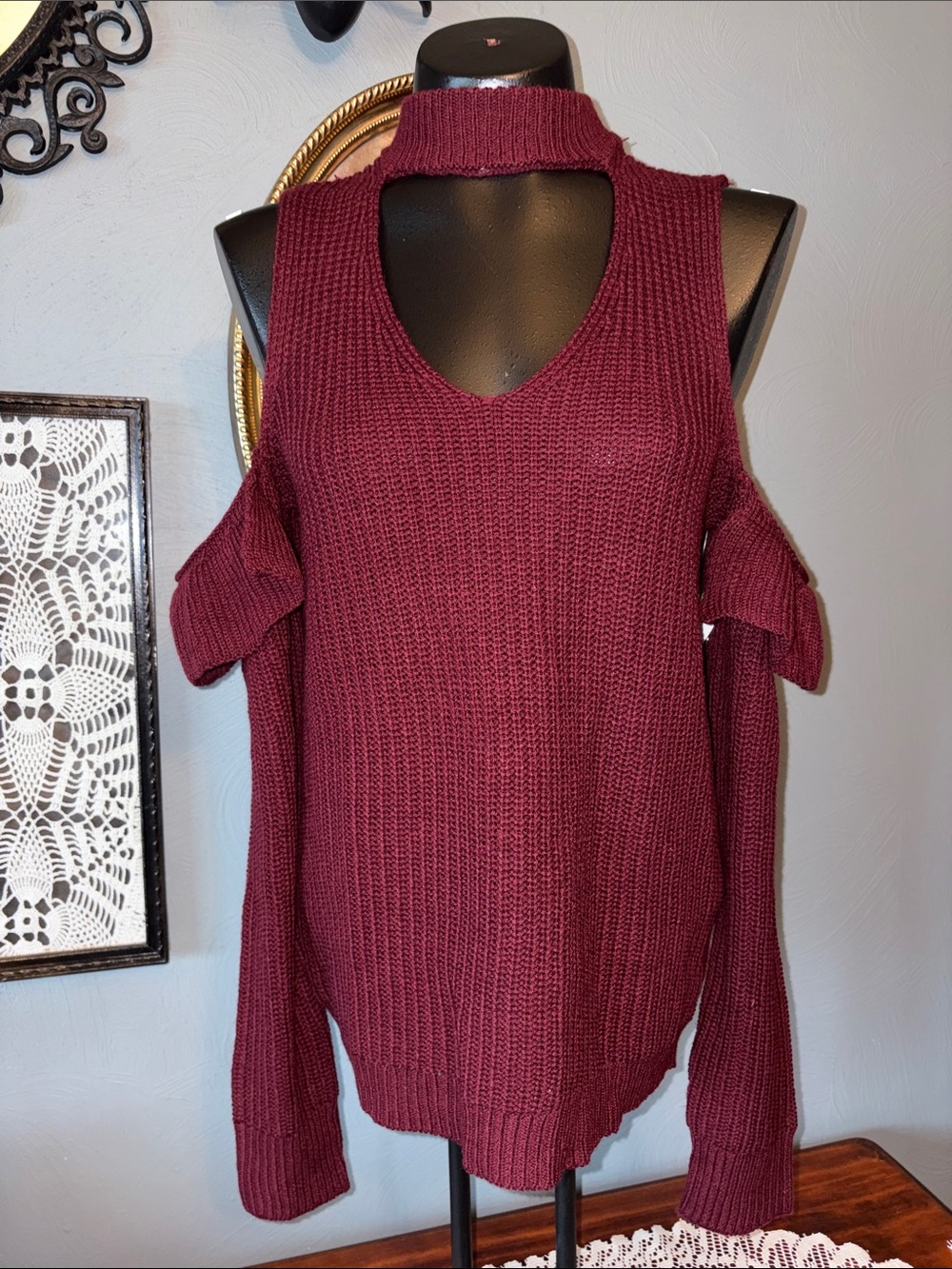 Say What? Burgundy Cold-Shoulder Mock Neck Sweater